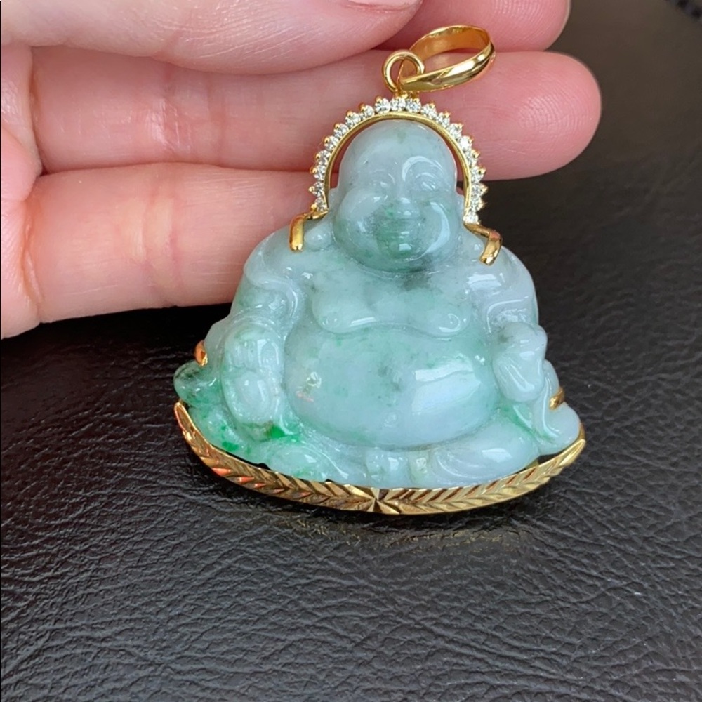 14k Real Gold Happy Laughing Buddha Jade Pendant